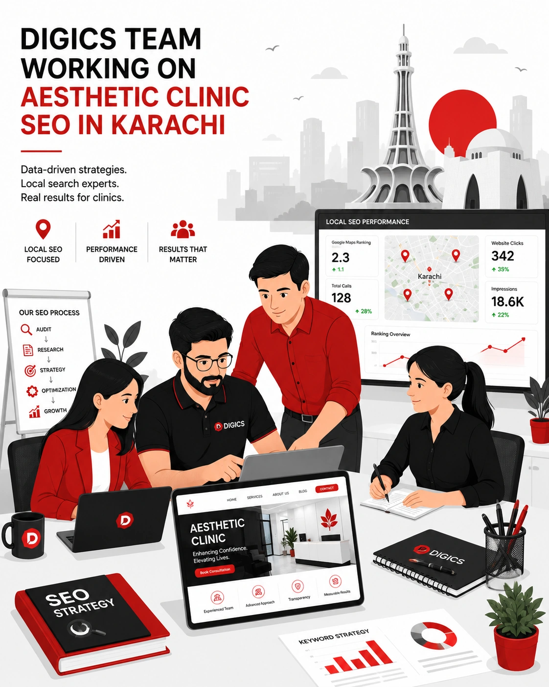 The DIGICS team working on aesthetic clinic SEO and local search in Karachi