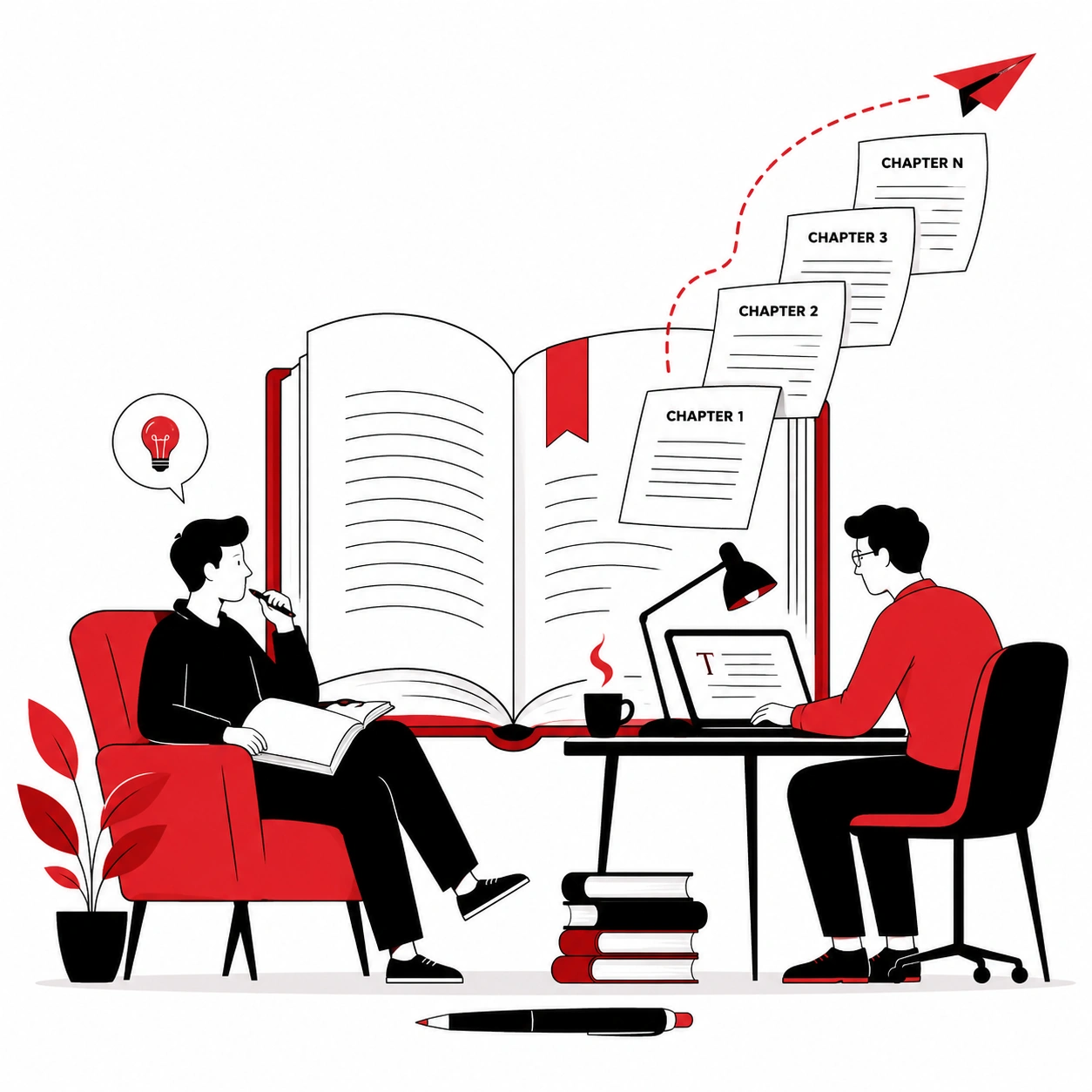 Professional book writing services illustration showing writers developing an author's manuscript